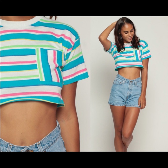 Vintage Tops - 80s T Shirt CROP TOP Ringer Tee Striped TShirt Cropped Shirt Tee Vintage small
